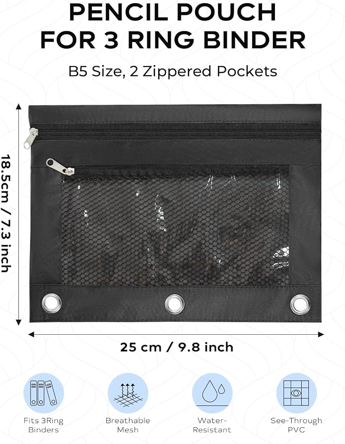 3 Ring Binder Pencil Pouch - Oxford Fabric Pencil Case with 2 Zippered Pockets, Clear Mesh Window Pencil Bag, B5 Size for Office & Travel Supplies (Black)