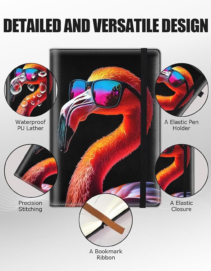 Hardcover Executive Notebooks, A5 PU Leather Lined Journal Notebook, 200 Pages Thick Paper Subject Notebooks for School,Work,Home Writing Business Notebook, Diary Book ，Flamingo with Sunglasses