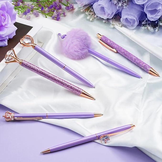 WEMATE 8Pcs Purple Pens, Metal Crystal Diamond Pens with Black & Blue Ink | Fancy Pens for Journaling, Office & Gift Supplies for Women Girls, Birthday and Back to School