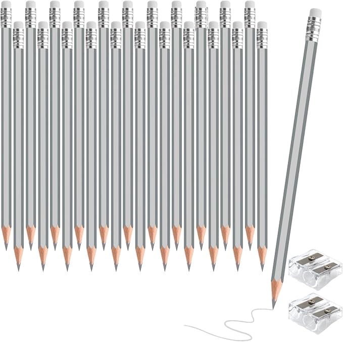 24PCS Silver Colored Pencils with Eraser Pre Sharpened Pencil 2 HB - Ideal for Checking, Grading, Tests & Office/School Supplies (Silver)