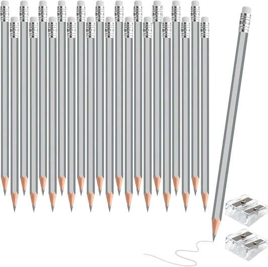 24PCS Silver Colored Pencils with Eraser Pre Sharpened Pencil 2 HB - Ideal for Checking, Grading, Tests & Office/School Supplies (Silver)