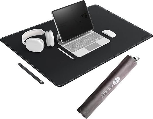 CENNBIE Leather Desk Mat Large, 43.6" x 23.6" Extended Mouse Pad (Black) | Premium stitched edges resist wear. Easy to clean. Protects desk from spills, stains ,scratches. Smooth glide. Office & home.