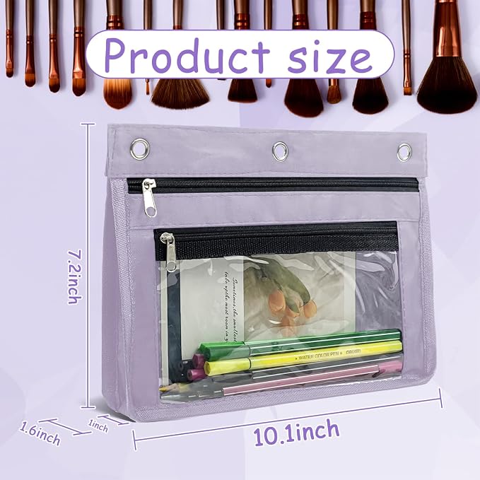 YoeeJob 1 Pack Pencil Pouch for 3 Ring Binder, Expandable Binder Pouches with Zipper, Large Capacity Pen Holder Case with Clear Window School Class Office Organizers, Lavender