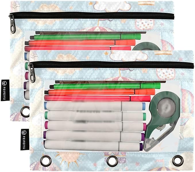 Hot Air Balloon Pencil Pouch for 3 Ring Binder 2 Pack Zipper Binder Pencil Bag Case with Clear Window Office Supplies