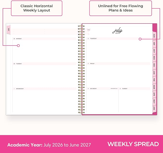 Blue Sky 2026-2027 Weekly & Monthly Academic Planner, 8.5"x11", Bloom Pink | July 2026 - June 2027, Flexible Cover, Wirebound, Laminated Tabs, Storage Pocket, Stickers, Academic Year, Color Me Courtney