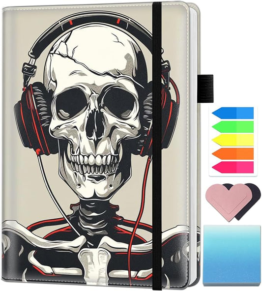 A5 Leather Lined Journal Notebook, 200 Pages Hardcover Executive Notebook for Men Women Office School Note Taking, Thick Writing Paper Daily Journal with Bookmarks/Indexes,Skeleton Skull
