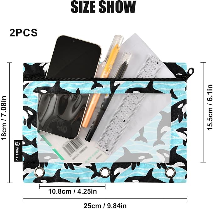Orca Killer Whale Pencil Pouches for 3 Ring Binder, Zipper Binder Pencil Case, 2 Pack Clear Window Case Bag for Office Organizers