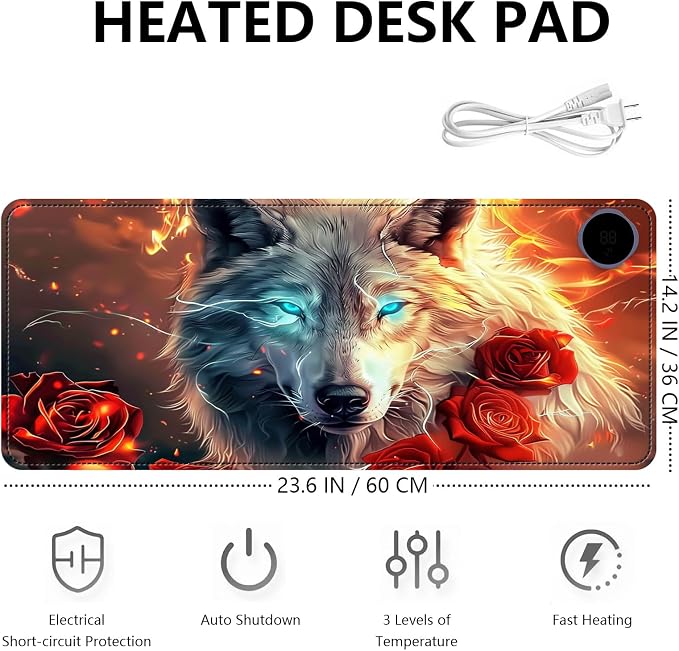 Heated Mouse Pad with 3 Levels Heated & 3 Hours Auto Shut-Off Mouse Pad for Warming Hands in Office Home, 23.6" x 14.2"Large Safe Desk Mat Hand Warmer，Wolf Rose