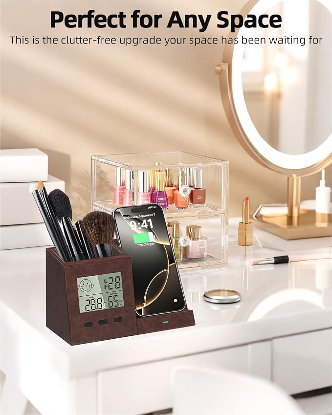 Desk Organizer with Wireless Charger, Digital Clock, Thermometer & Hygrometer - Multi-Functional Pencil Holder, Office Desk Accessories Storage Caddy for Home, Office, Men, Women (Battery Included)