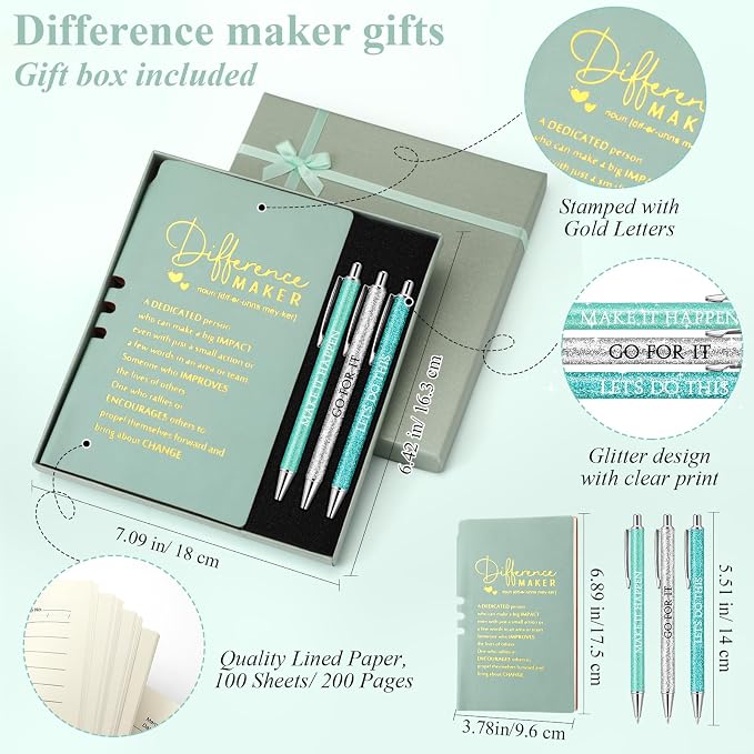 Thenshop 5 Pcs Difference Maker Gifts Journal with Pen Leather Notebook 3 Ballpoint Pens Box Thank You Gift for Nurse Boss Employee Coworker Teacher Volunteer Social Worker Assistant(Green)