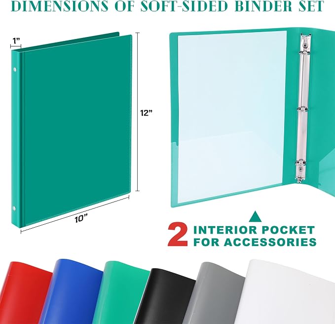 Fulmoon 6 Pack Plastic 3 Ring Binder Assorted Colors Economy Flexible Round Ring Presentation Binders with Pocket for Office School Meeting(1 Inch,Classic Colors)