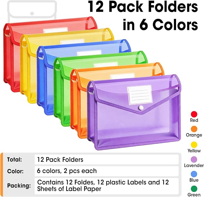 AZEN 12 Pack Plastic Expanding File Folder, Plastic Envelopes with Snap Closure for Documents, Accordion Folder Organizer for File Folder, No Dividers, Fit Letter/A4 Size