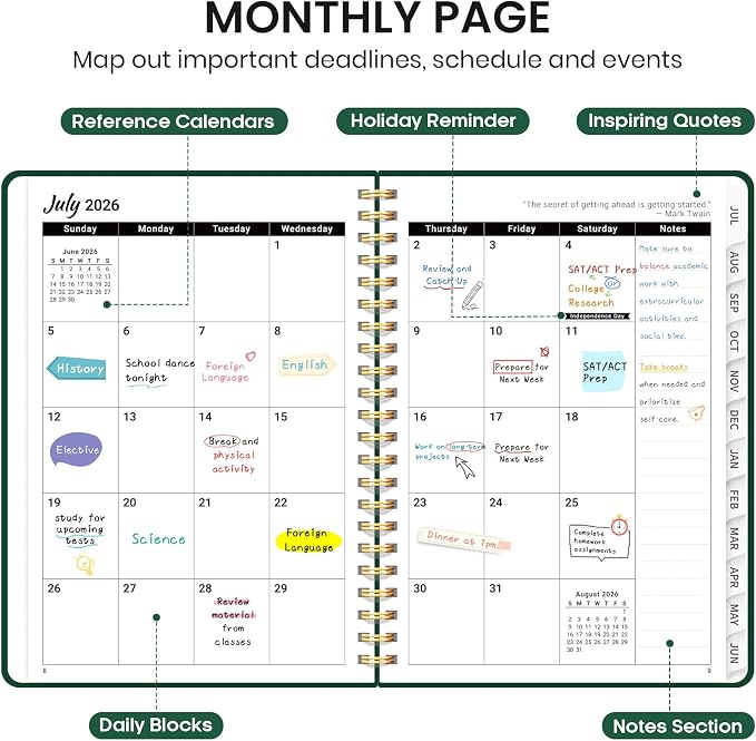 Planner 2026-2027 for Women & Men, Academic Monthly and Weekly Calendar Planner, Jul 2026 - Jun 2027, A5 (6.3" x 8.5"), Teacher Student Planning Book with Tabs, Ideal for Office School Supplies - Dark Green