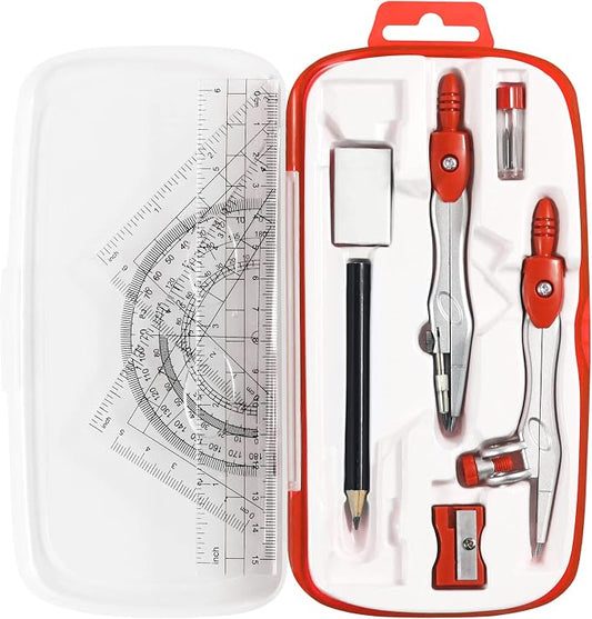 Unjoo Math Geometry Set 10 Pcs, Compass and Protractor for Students (Red | Shatterproof Storage Box,Rulers,Protractor,Compass,Eraser,Pencil Sharpener,Lead Refills,Pencil,for Classroom, Back to School