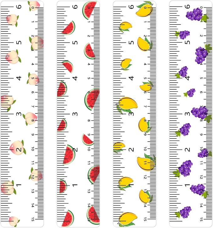 BAYTORY 4Pcs Transparent Acrylic Small Ruler 6 Inch, Straight Mini Rulers | Shatterproof Student Stationery Centimeters with Inches, for Classroom Essentials School Supplies (Fruit 6 Inch)