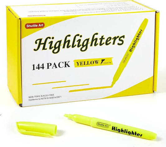 Shuttle Art 144 Pack Highlighters, Yellow Highlighter Pen Bulk with Versatile Chisel Tip Dry-Quickly Non-Toxic Highlighter Markers for Adults Teachers Students Highlighting in Home School Office