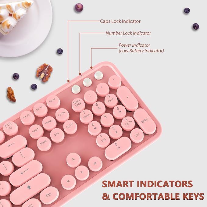 Kootop Cute Wireless Keyboard and Mouse Combo for PC Laptop Desktop Pink | Cute pink Colorful Typewriter Retro Round Keycaps 104 keys for PC Laptop,Desktop,Windows,