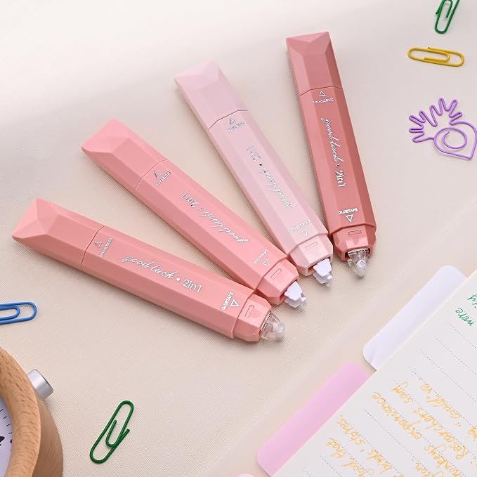 Temiary 4 Pcs 2 in 1 White Correction Tape and Double Sided Roller Set, Aesthetic Smooth Pull Out Tapes with Adhesive Glue Tape Roller Runner for School Office Supplies (Pink)