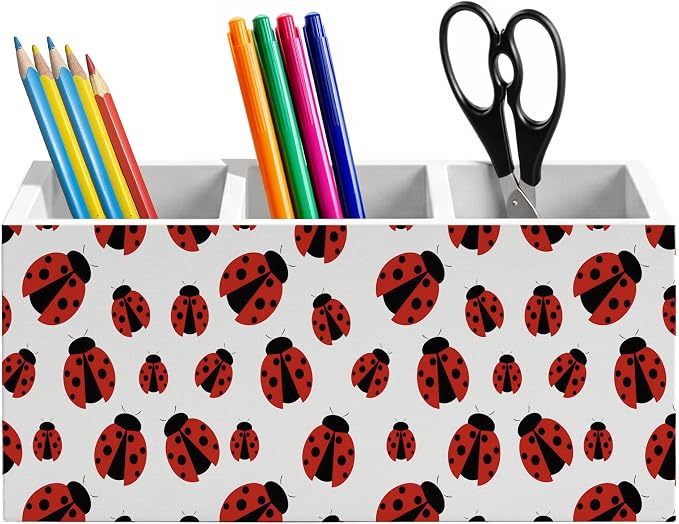 Red Ladybug Pen Holder for Home Office Desk, Ladybug Gifts, Cute Lady Bug Wooden Box Sign Pencil Holder for Desk Shelf Organizer