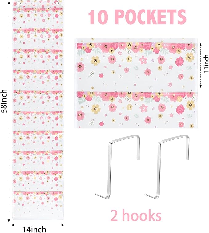 MotiMind 10 Wildflower Pockets Wall Hanging File Folders File Storage Pocket Chart for Classroom Hanging Wall Organizer with 2 Over The Door Hangers, 58" x 14" for School Classroom Office Home
