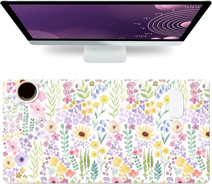 Flower Large Mouse Pad, Floral Desk Matt for Desktop, PU Leather Waterproof Desk Pad, Computer PC Laptop Protector Gaming Mouse Pads for Women Office Decor (27.5" x 13.8")