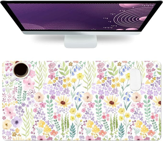 Flower Large Mouse Pad, Floral Desk Matt for Desktop, PU Leather Waterproof Desk Pad, Computer PC Laptop Protector Gaming Mouse Pads for Women Office Decor (31.5" x 15.7")