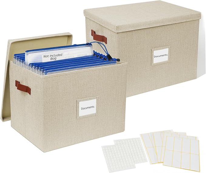 2-Pack Collapsible Document Storage Bins with Lid, Beige | Office files & board games | Fits A4/B4 papers | Stackable | Dust-proof | Includes labels & glue dots
