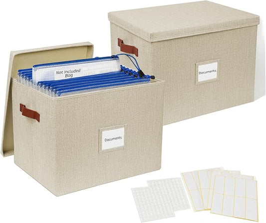 2-Pack Collapsible Document Storage Bins with Lid, Beige | Office files & board games | Fits A4/B4 papers | Stackable | Dust-proof | Includes labels & glue dots