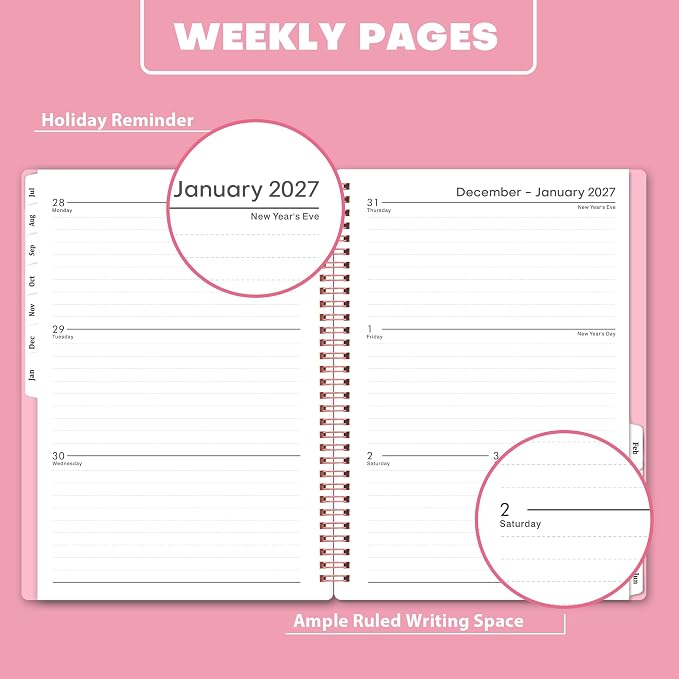 Planner 2026-2027, Jul. 2026 - Jun. 2027, 6.25" x 8.3" | Flexible Cover, A5 Thick Paper, Twin-Wire Binding, 2026-2027 planner weekly and monthly with 12 Month Tabs, Pink