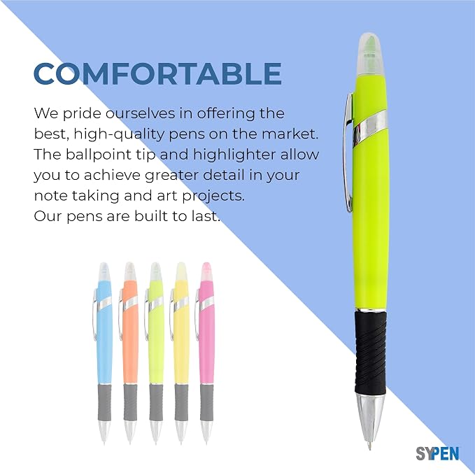 SyPen Highlighter with Ballpoint Pen Combo, Comes in an array of bright colors, 5 pack