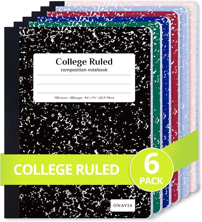 ONAVIA Composition Notebook College Ruled 6 Pack, 200 Pages, Assorted | 100 ct, 9.75 x 7.5 in, Durable Comp Book, School Notebooks, Students, Note Taking, Writing, Teachers