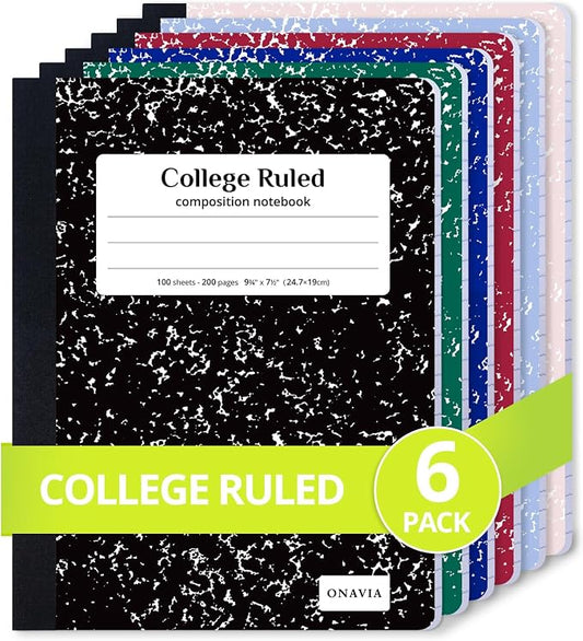 ONAVIA Composition Notebook College Ruled 6 Pack, 200 Pages, Assorted | 100 ct, 9.75 x 7.5 in, Durable Comp Book, School Notebooks, Students, Note Taking, Writing, Teachers