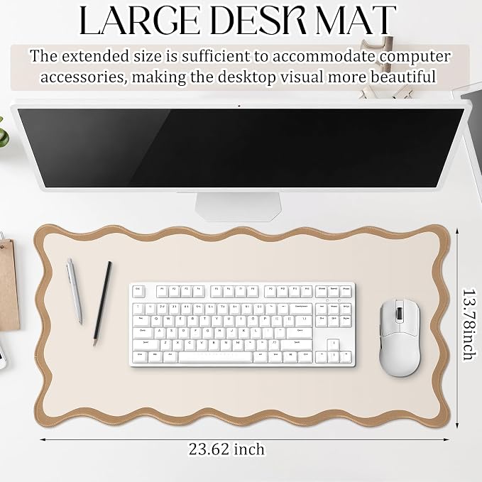 Hahafelt Scalloped Desk Mat Large Desk Pad Cute Coquette Table Mat Back to School Preppy Table Make up Pad Nonslip Graduation Gift with Stitching Waterproof Gaming(Beige,23.6 x 13.8 Inches)