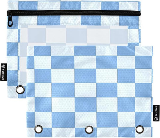 Blue Checkered White Buffalo Plaid Pencil Pouch for 3 Ring Binder 2 Pack Zipper Binder Pencil Bag Case with Clear Window Office Supplies