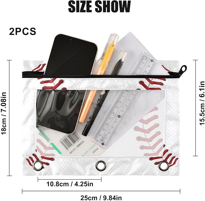 Sport Baseball Print Pencil Pouch Fits standard 3-ring binders, Zipper Binder Pencil Bag with Clear Window for Office 2 Pack
