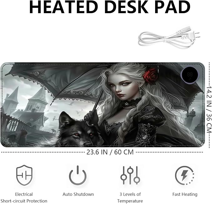 Heated Mouse Pad with 3 Levels Heated & 3 Hours Auto Shut-Off Mouse Pad for Warming Hands in Office Home, 23.6" x 14.2"Large Safe Desk Mat Hand Warmer，Woman with Umbrella