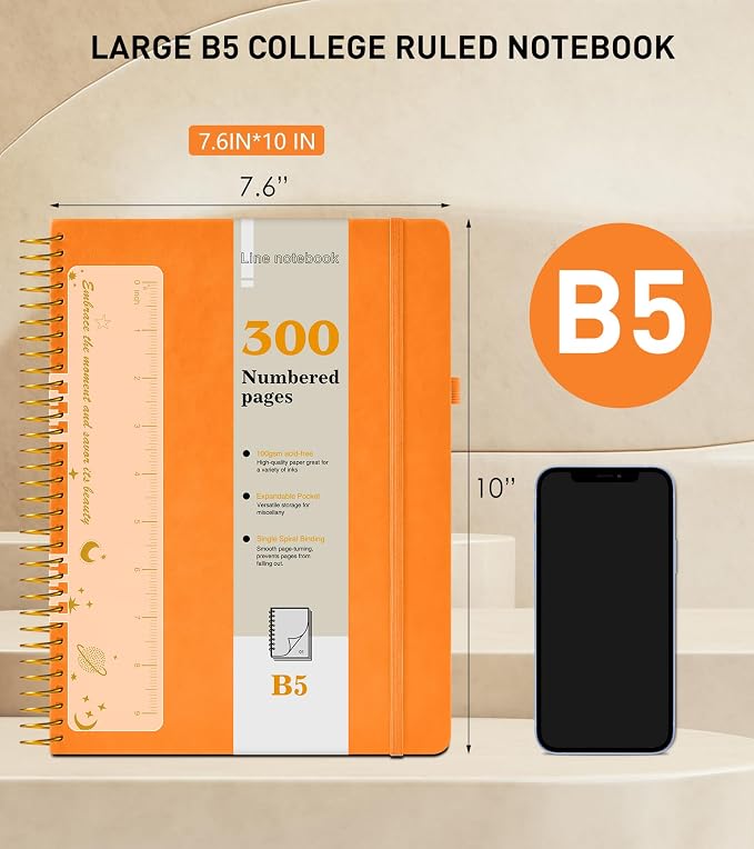 B5 Spiral Notebook Journal 7.6” x 10”, 300 Numbered Pages Hardcover Leather Journals for Women Men, Large Lined College Ruled Notebooks, 100GSM Thick Paper, Spiral Bound Journal for Work School, Orange