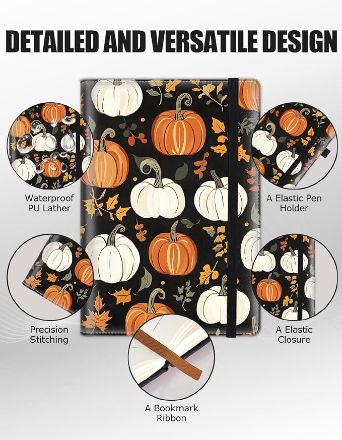 Hardcover Executive Notebooks, A5 PU Leather Lined Journal Notebook, 200 Pages Thick Paper Subject Notebooks for School,Work,Home Writing Business Notebook, Diary Book ，Pumpkins and Maple Leaves
