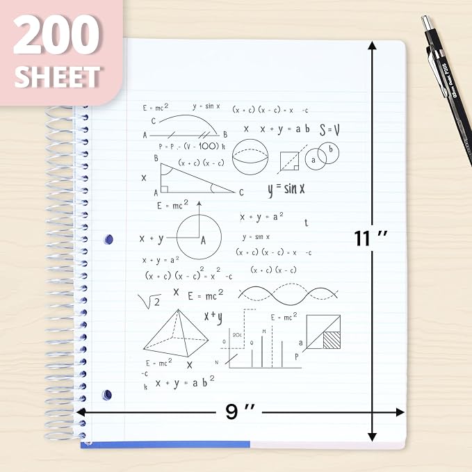 ONAVIA 5 Subject Spiral Notebook College Ruled, 400 Pages, Purple | 200 Sheets, 9 x 11 in, 6 Pack Waterproof Plastic Cover, Durable, School Notebooks, Classroom, Teachers