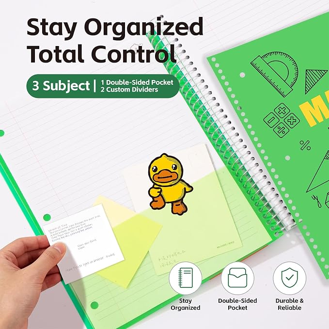 Comix 3 Subject Notebook with 3 Divider, 8.5" x 11" letter size, 150 Sheets College Ruled Notebook with Plastic Cover for Office/School/Home, Green