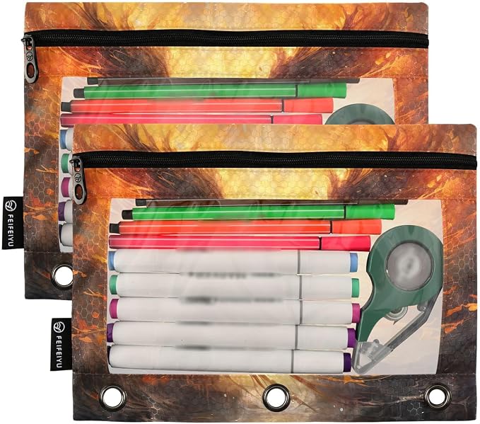 ALAZA Pencil Pouch for 3 Ring Binder, Fire Phoenix Bird Binder Pencil Pouches with Clear Window Zipper Pencil Case Cosmetic Bags for Office College Supplies, 2PCS