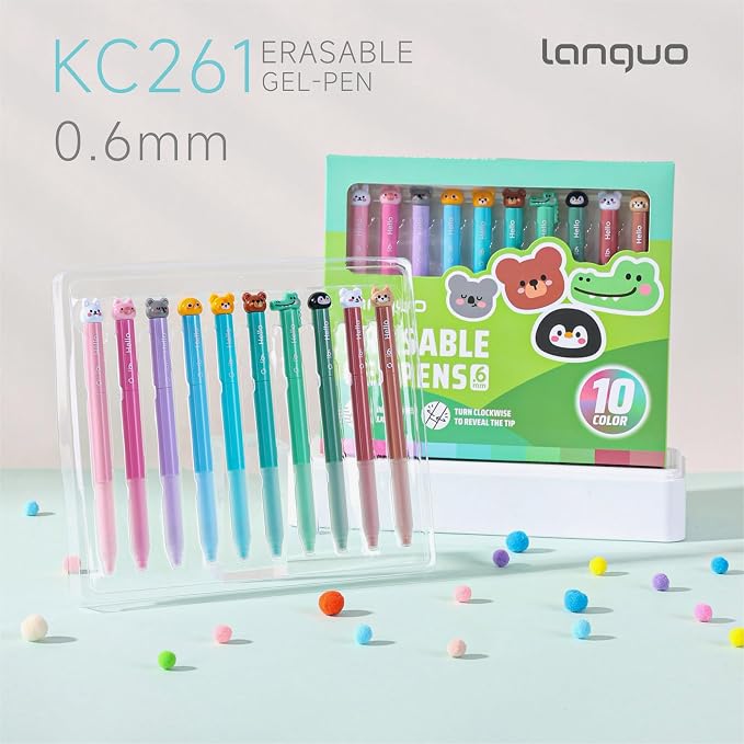 languo Erasable Gel Pens, 0.6mm Fine Tip, Twist Retractable, 10 Pack | Cute Animal Design, Assorted Ink Colors, Smooth Ink Flow, Clean Corrections, Ideal for Drawing, Writing, Journaling, Planners