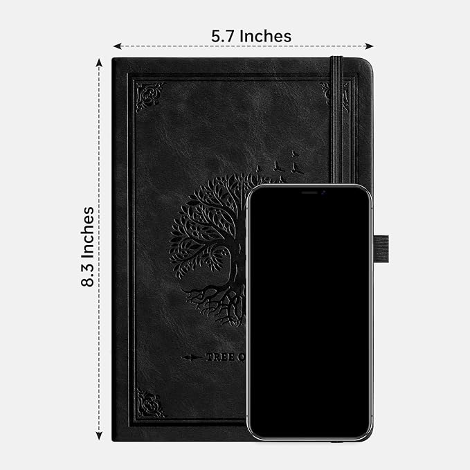 AHGXG Lined Journal Notebook, 192 Numbered Pages, A5 Size (5.7'' x 8.3'') | College Ruled Notebook for Men & Women, Writing, Work & Office, Leather Hardcover, 100 GSM Thick Paper (Black)