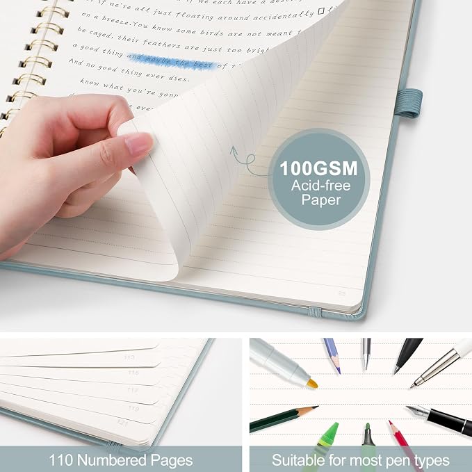 AHGXG Lined Spiral Journal Notebook, 110 Pages, A4 (8.5" x 11") | Journals for Women, Hardcover Leather Notebook College Ruled, 100 GSM Paper, for Work School Note Taking (Gray Blue)