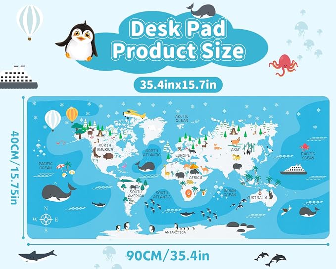 Kids World Map Desk Mat PU Leather Study Pad, 34.5"x15.7" | Non-Slip Waterproof Desk Pad for Boys & Girls, Learning Geography Study Mat, School Desk Protector, Gift for Children