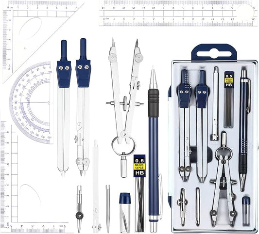 Outus 13 Pcs Geometry Set for Students Metal Compass Math Protractor | Rulers Mechanical Pencil Lead Refills Storage Box Protractors Kit for School Class Student Drafting Drawing