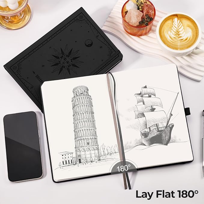 EMSHOI Blank Journal Notebook, 320 Pages, A5 Size (5.7'' x 8.3'') | Leather Hardcover, 100 GSM Thick Paper, Unlined, Plain, for Sketching, Drawing, Painting, Sun Debossed (Black)
