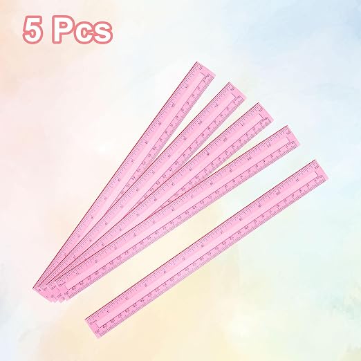 HARFINGTON 5pcs Plastic Rulers 12" (30cm) Clear Straight Ruler Measuring Tool Inches and Centimeters for Home Office Classrooms Drafting, Clear Pink