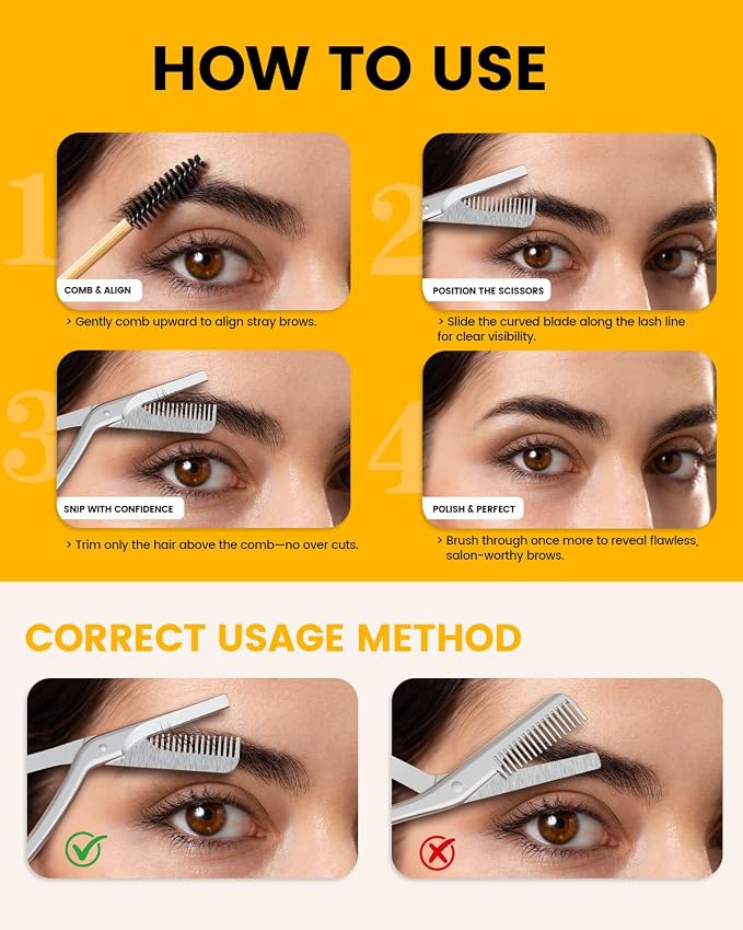 BEZOX Eyebrow Scissors with Comb - Stainless Steel Eyebrow Trimmer for Women and Men, Precision Eye Brow Comb Scissors, Sleek Eyebrows Grooming Kit - Silver
