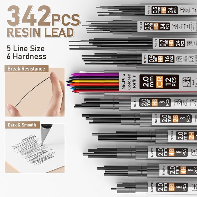 Nicpro 37PCS Gold Art Mechanical Pencil Set, 4PCS Metal Drafting Pencil 0.3/0.5/0.7/0.9 mm & 2PCS 2mm Lead Holder (6B 4B 2B HB 2H 4H) School Supplies for Sketching Drawing with 23 Tube Lead Refills